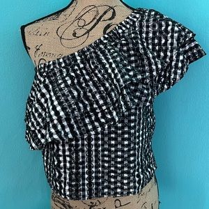 EUC Rebecca Minkoff One Shoulder Ruffled Cropped Gingham Pattern Top
